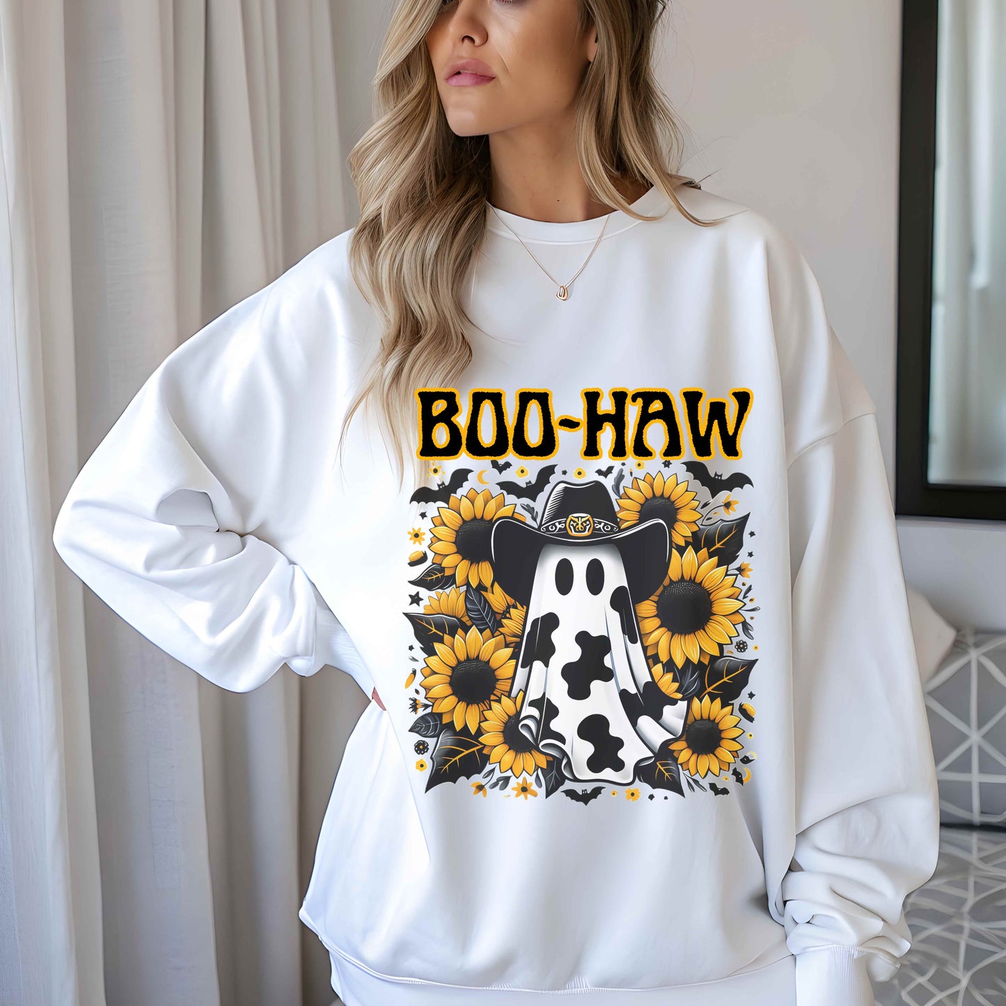 Boo-Haw Ghost Sweatshirt, Cozy Halloween Sweatshirt, Fall Fashion, Unisex Crewneck, Casual Loungewear, Gift for Halloween Lovers