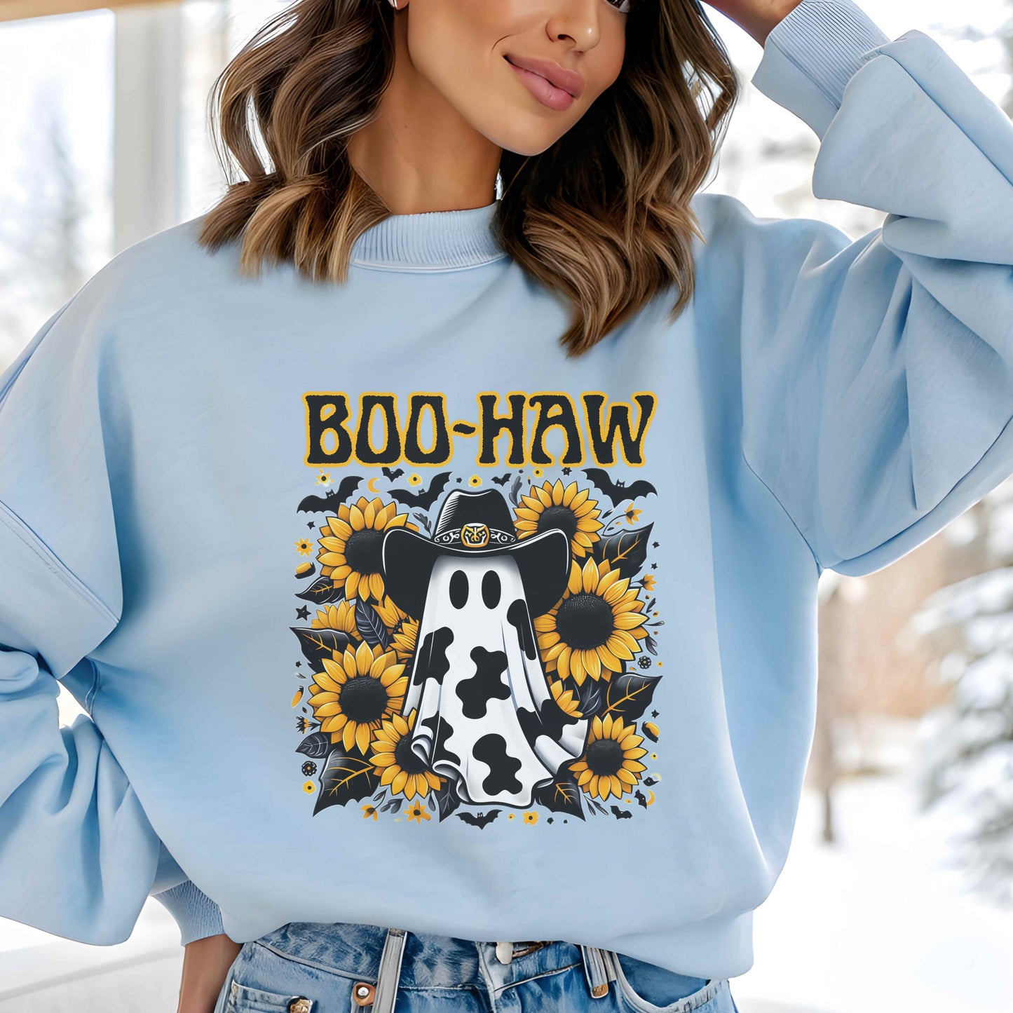 Boo-Haw Ghost Sweatshirt, Cozy Halloween Sweatshirt, Fall Fashion, Unisex Crewneck, Casual Loungewear, Gift for Halloween Lovers