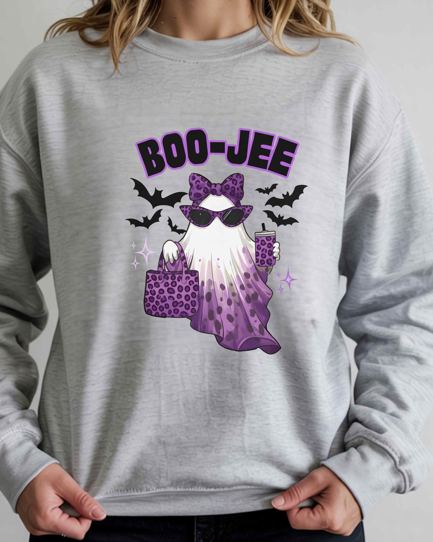 BOO-JEE Halloween Shirt | Purple Leopard Print Ghost Tee | Glam Spooky Season Sweatshirt | Boujee Fall Outfit