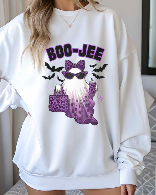BOO-JEE Halloween Shirt | Purple Leopard Print Ghost Tee | Glam Spooky Season Sweatshirt | Boujee Fall Outfit