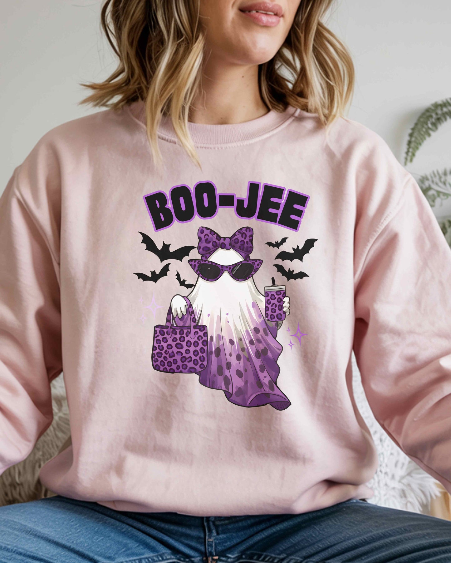 BOO-JEE Halloween Shirt | Purple Leopard Print Ghost Tee | Glam Spooky Season Sweatshirt | Boujee Fall Outfit