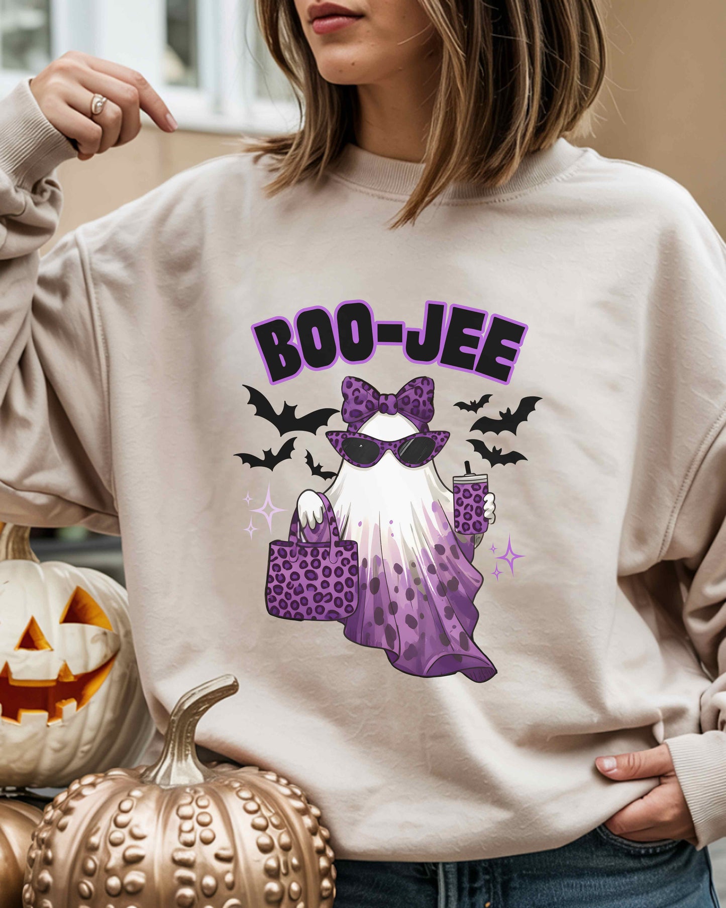 BOO-JEE Halloween Shirt | Purple Leopard Print Ghost Tee | Glam Spooky Season Sweatshirt | Boujee Fall Outfit
