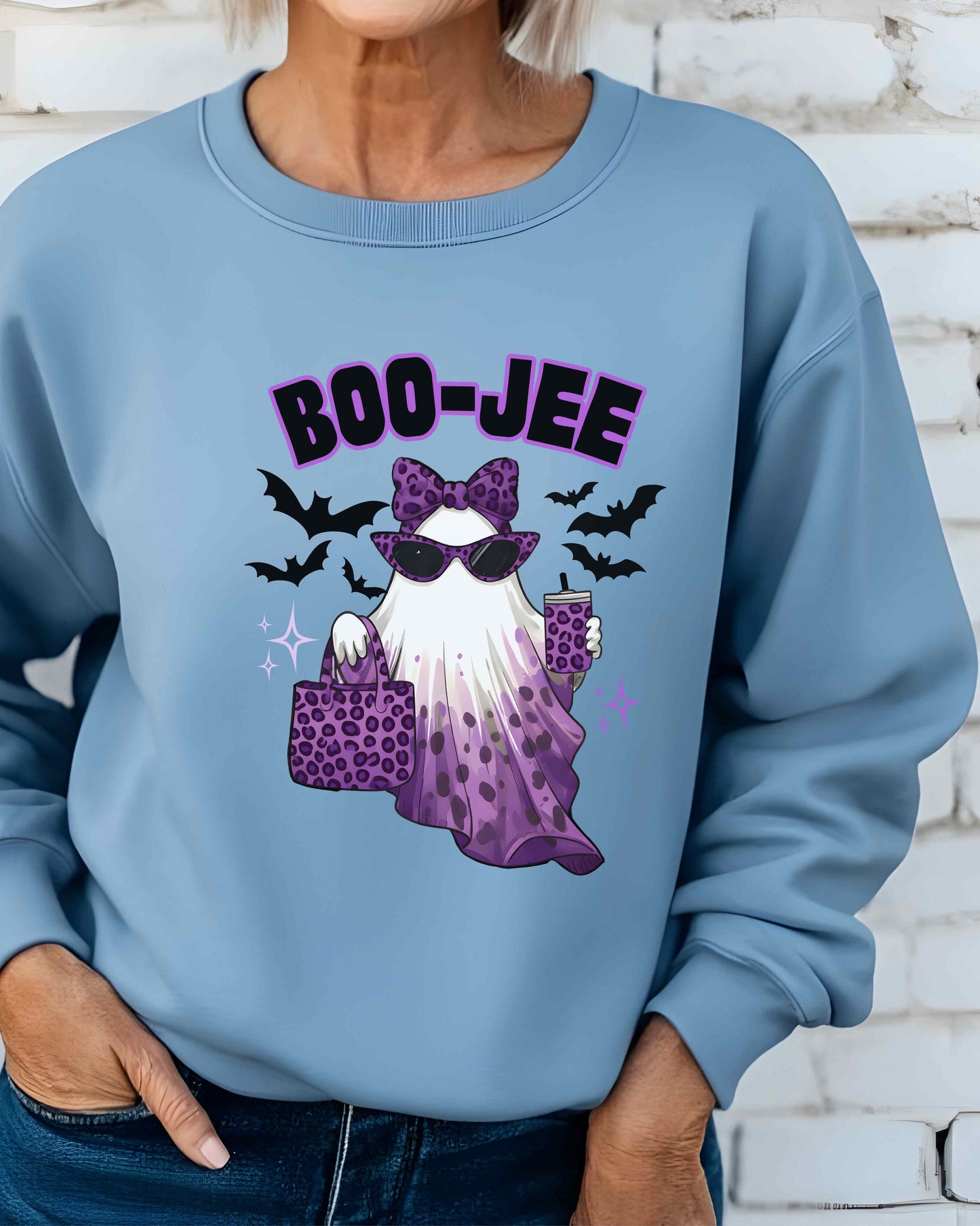 BOO-JEE Halloween Shirt | Purple Leopard Print Ghost Tee | Glam Spooky Season Sweatshirt | Boujee Fall Outfit